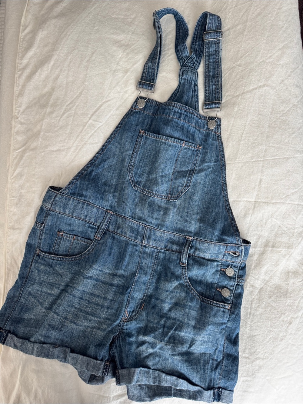 Express Denim Short Overalls in Washed Blue